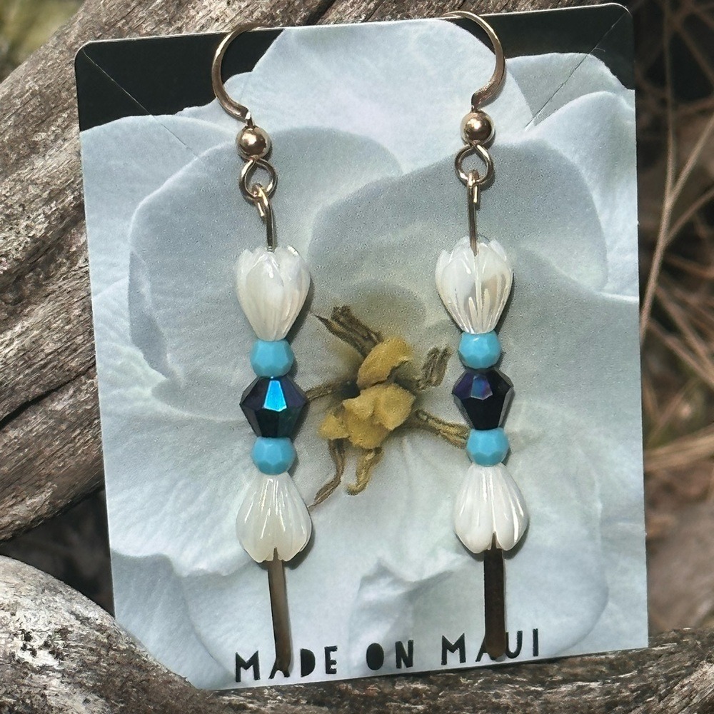 Made on Maui White MOP Shell Flower Turquoise Bead Drop Earrings Gold-Filled